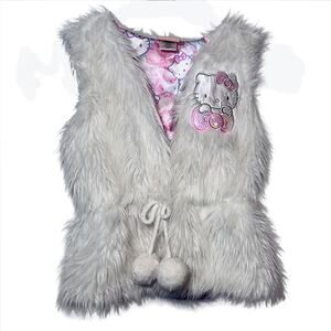 Sanrio Hello Kitty Girls Fuzzy White & Pink Tie-Front Vest Size Small